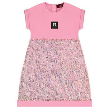 Girls Pink Sequins Logo Dress