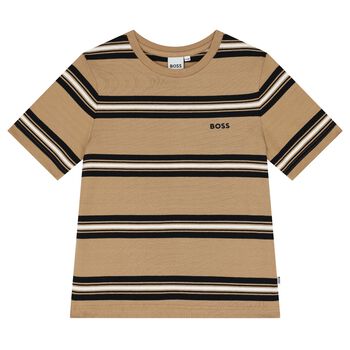 Boys Beige, Black & White Striped Logo T-Shirt