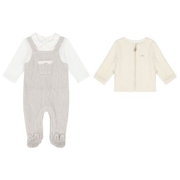 Baby Boys Ivory & Beige Knitted Babygrow Set