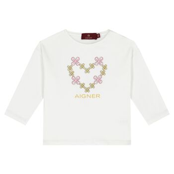 Younger Girls White Heart Long Sleeve Top