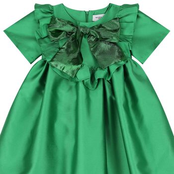 فستان بنات ساتان بفيونكة باللون الأخضر