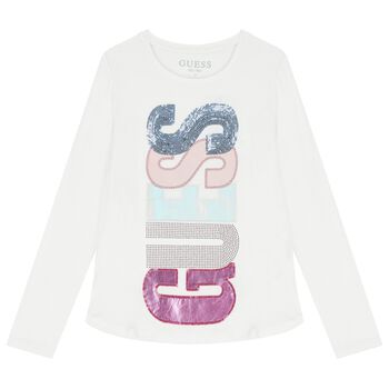 Girls White Embellished Logo Long Sleeve Top