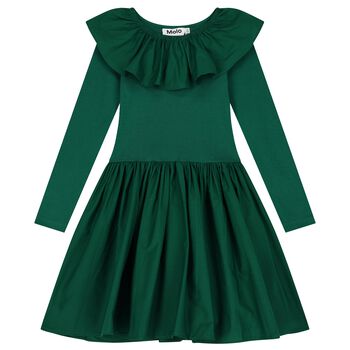 فستان بنات مكشكش بأكمام باللون الأخضر