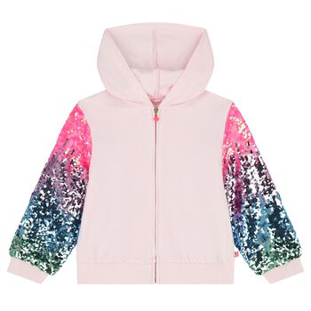 Girls Pink Sequin Hooded Zip Up Top