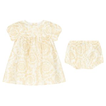 Younger Girls White & Beige Barocco Dress Set