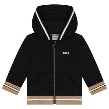 Younger Boys Black Logo Hooded Zip Up Top