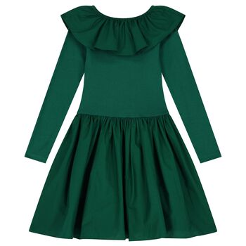فستان بنات مكشكش بأكمام باللون الأخضر