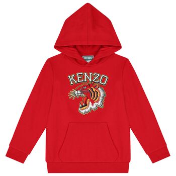 Boys Red Tiger Logo Hooded Top