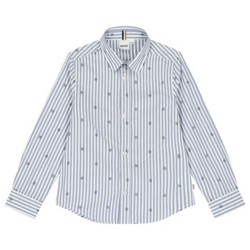 Boys White & Blue Striped Logo Shirt