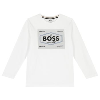 Boys White Logo Long Sleeve Top