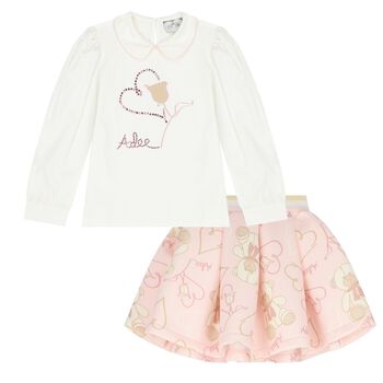 Girls White & Pink Logo Skirt Set 