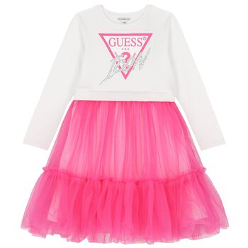 Girls White & Pink Logo Tulle Dress